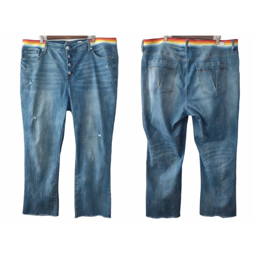 Seven7 Womens Hi Rise Rainbow Trim Distress Fray Button Fly Bootcut Jeans 22W